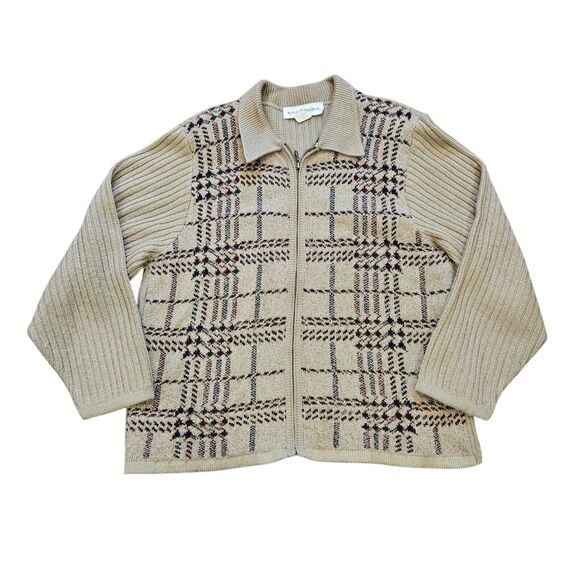 Vtg Norton McNaughton Plaid Sweater Womens L Full Zip Beige Preppy Acadamia - Picture 1 of 9